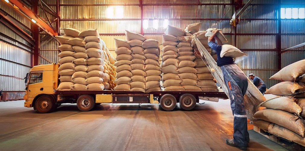 workers-load-sacks-wheat-onto-large-truck-busy-warehouse